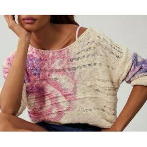 Anthropologie Pilcro Womens Small Floral Knit Sweater Pink Cream Cotton Blend To